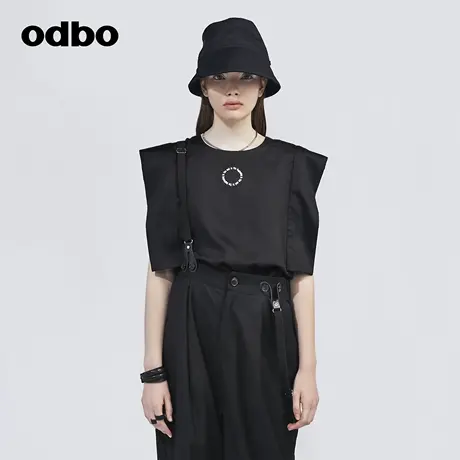 odbo 夏季2022年新款时尚设计感拼接黑色背心女舒适百搭宽松上衣图片