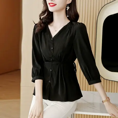 黑色七分袖衬衣女夏季2023年新款宽松收腰漂亮气质女上衣遮肚小衫商品大图