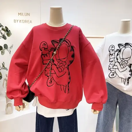 2021春装新款韩国东大门原宿风卡通刺绣休闲女卫衣宽松红色新年装商品大图