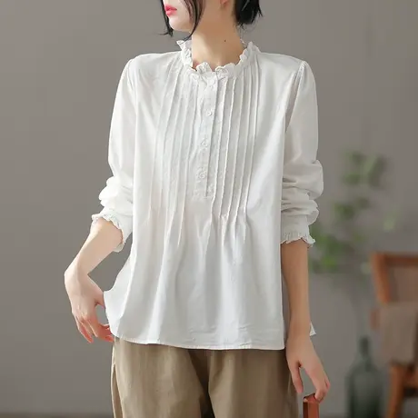 dza 文艺复古早春衬衫女士2022新款上衣气质内搭长袖纯棉白色衬衣图片