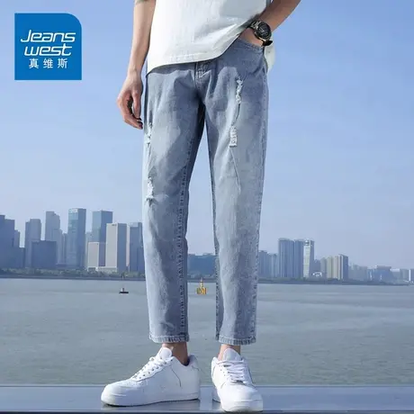 KP真维斯男装浅色牛仔裤2025春季新款潮流直筒薄款宽松休闲九分裤商品大图