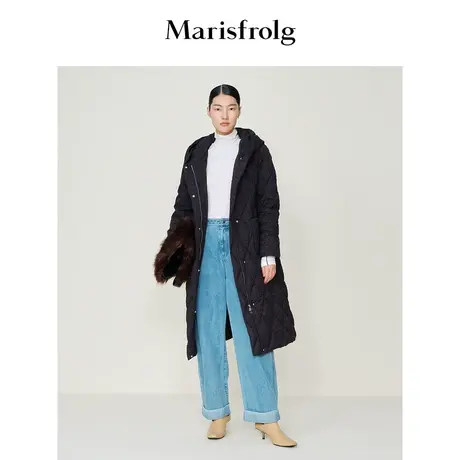 【小香风外套羽绒服】玛丝菲尔冬黑色白鹅绒长款连帽羽绒服商品大图