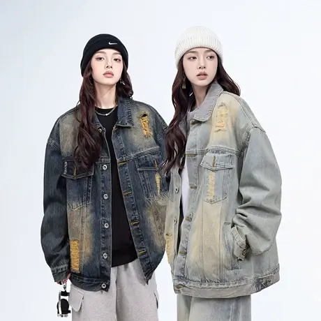 美式复古破洞水洗渐变牛仔外套女春秋设计感夹克ins潮牌宽松上衣商品大图