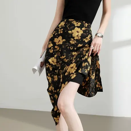 醋酸缎面印花半身裙女夏季薄款开叉显瘦垂感法式a字碎花中长裙子图片