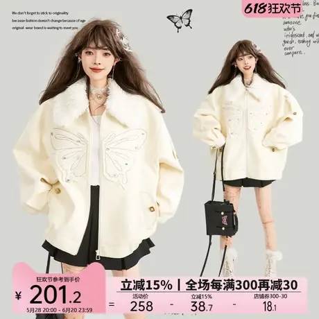 KEIKO [镶钻蝴蝶绣]翻领短款毛呢外套25春季宽松廓形显瘦呢子上衣图片
