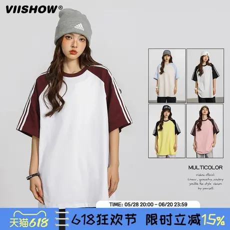 VIISHOW美式复古短袖t恤男夏季宽松oversize潮牌条纹拼接休闲上衣商品大图