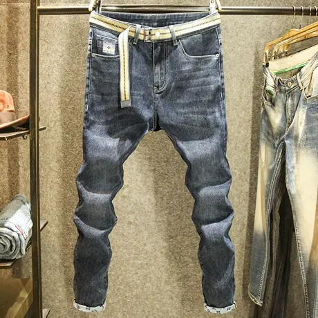 高端大牌舒适柔软牛仔裤男修身小脚弹力长裤潮牌刺绣印花百搭裤子图片