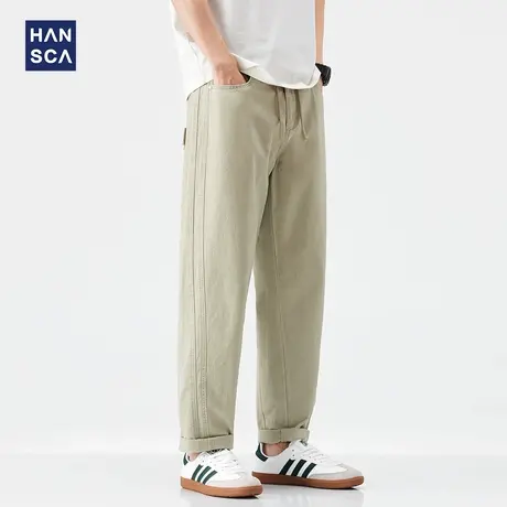 hansca纯棉斜纹裤子男士休闲裤2025新款夏季复古拼接宽松直筒长裤商品大图