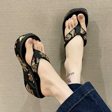 高跟人字拖女士夏季外穿时尚刺绣亮片坡跟厚底夹脚防滑沙滩凉拖鞋商品大图