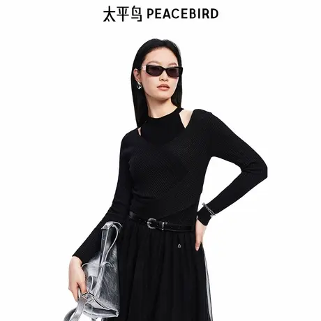 太平鸟女装2025年新款羊毛混纺露肩精致时尚假两件套衫A1EEF1217图片