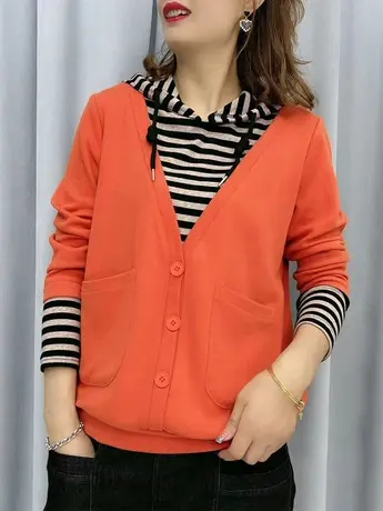 2023秋冬新款假两件加绒连帽卫衣女时尚显瘦减龄设计感长袖上衣潮商品大图