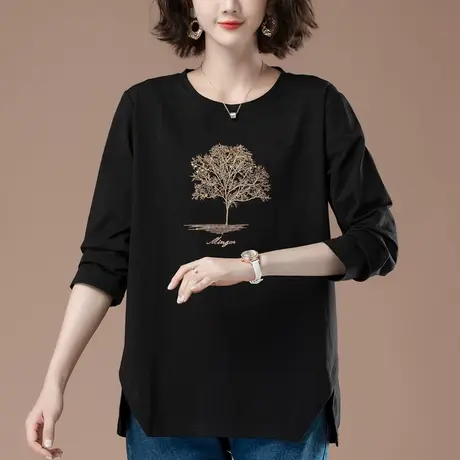 长袖t恤女秋季新款加肥加大码宽松中年妈妈纯棉刺绣显瘦打底衫商品大图