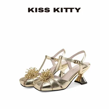 KISSKITTY粗跟鱼嘴凉鞋女外穿2025夏新款法式绝美高跟鞋舒适女鞋商品大图