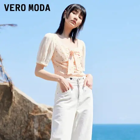 Vero Moda奥莱夏季清仓甜美蝴蝶结蕾丝边五分袖雪纺衫百搭上衣女图片