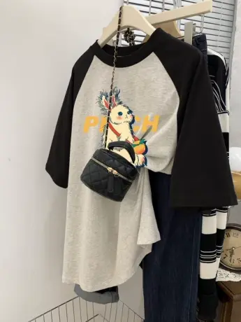 oversize大码高级感T恤短袖插肩袖显瘦ins潮纯棉小众韩版复古上衣商品大图