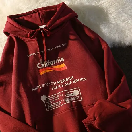 oversize酒红色连帽卫衣女春秋薄款宽松ins潮欧美vintage外套上衣商品大图