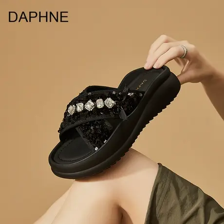Daphne/达芙妮厚底凉鞋女2025新款夏季外穿亮片软底沙滩一字拖鞋图片