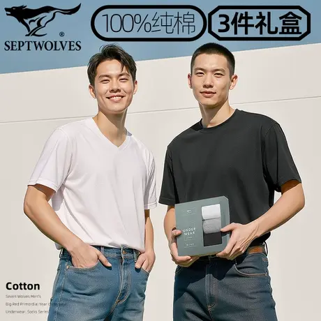 七匹狼100%棉针织上衣百棉打底衫基础内搭内衣3件装短袖纯棉T恤男商品大图
