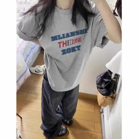美式复古纯棉夏季落肩短袖t恤女2025新款设计感小众宽松半袖上衣商品大图