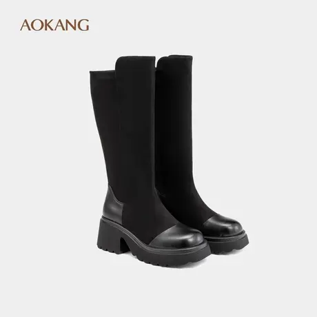 奥康 女鞋冬季拼接长筒时装女靴粗跟增高套筒不过膝靴商品大图