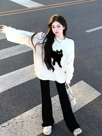 白色圆领卫衣女2023新款秋冬加绒加厚宽松慵懒风美式复古无帽上衣商品大图