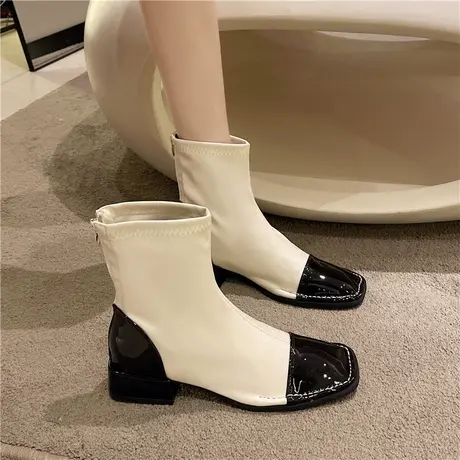 方头短靴女瘦瘦靴子短筒2022年秋季新款粗跟马丁靴英伦风显瘦百搭图片