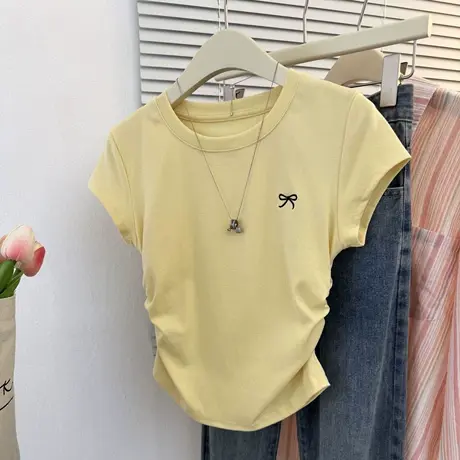 辣妹褶皱收腰短袖T恤女夏季修身韩版短款小个子蝴蝶结刺绣上衣潮商品大图