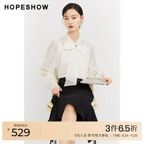 红袖outlets蝴蝶结套头上衣hopeshow2023冬新款蕾丝边翻领雪纺衫商品大图