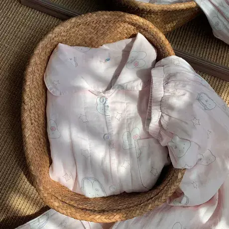 上新！米菲兔翻领长袖长裤套装纯棉双层纱布A类睡衣家居服套装商品大图