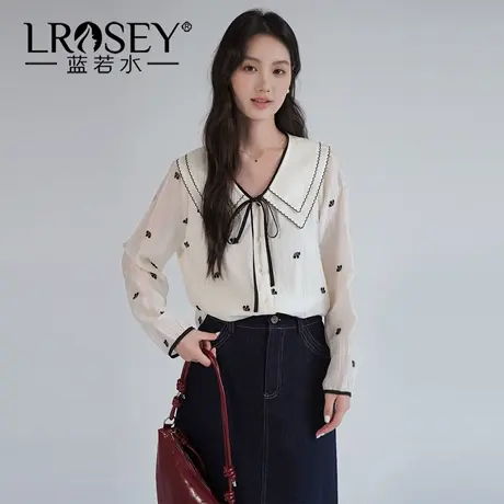 【莱赛尔刺绣衬衫】蓝若水大码2025秋装新款设计感娃娃领甜美上衣商品大图