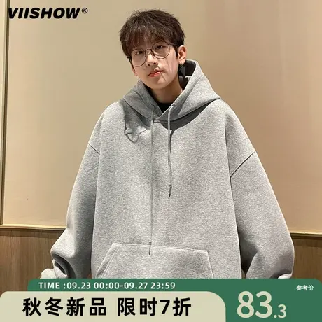 VIISHOW基础款纯黑色卫衣男春秋季连帽下摆宽松收口外套oversize商品大图