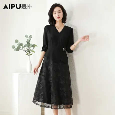 爱朴2023大码女装秋季新款胖mm假两件显瘦拼接高级感时尚连衣裙商品大图