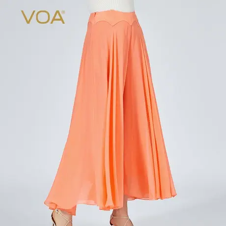 VOA乔其桑蚕丝自然腰橘橙色休闲通勤宽松百褶双层真丝阔腿裙裤商品大图