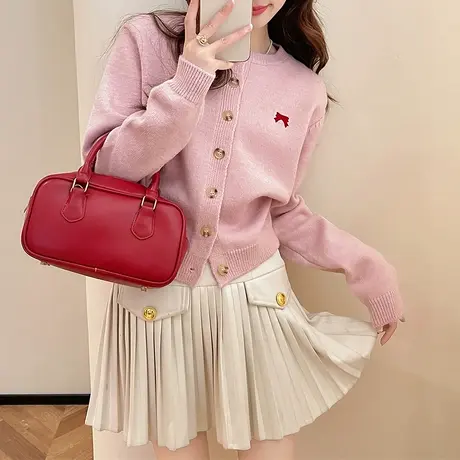 唐狮新款圆领开衫毛衣女粉色甜美气质蝴蝶结刺绣针织衫上衣ydTD商品大图