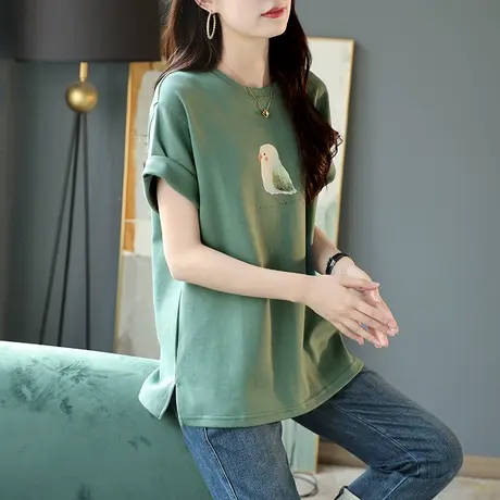 宝诗黎圆领宽松新款夏装短袖女2023年时尚印花棉质打底T恤衫上衣商品大图