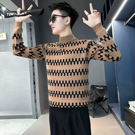 半高领毛衣男装高级感潮牌修身上衣2023新款冬季痞帅个性打底衫商品大图