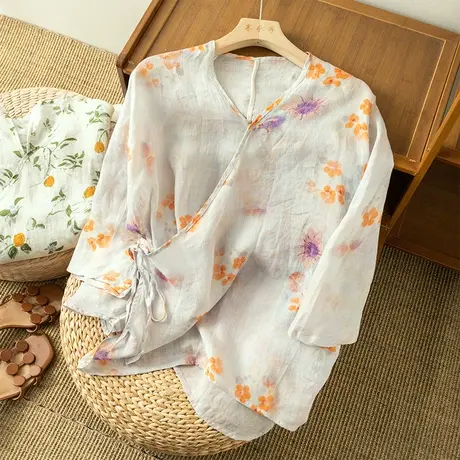 享永子碎花苎麻上衣女文艺复古斜襟棉麻小衫宽松休闲2023夏季新款商品大图