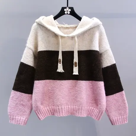 撞色条纹学院风连帽毛衣女秋冬2023新款宽松外穿设计感针织衫上衣图片