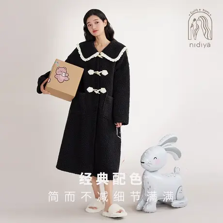 妮狄娅睡衣睡袍女冬季加厚保暖羊羔绒英伦风宽松可外穿长袍家居服商品大图