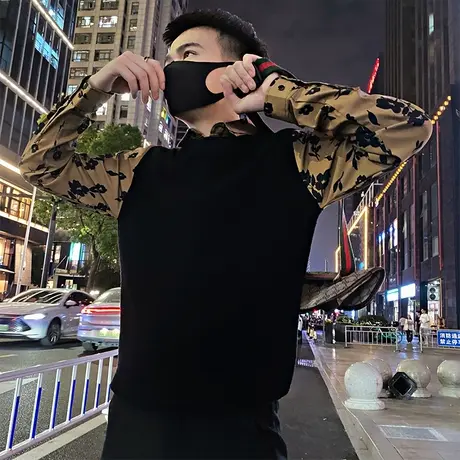 拼接假两件毛衣潮牌秋冬ins发型师轻熟风INS花色衬衫领针织衫体恤图片