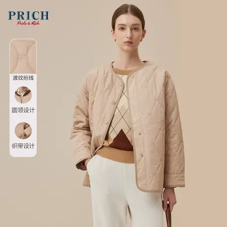 PRICH23冬新款波纹绗线四合扣落肩直身宽松保暖圆领棉服外套女商品大图