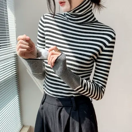 高领条纹长袖针织衫女2023秋冬新品加绒加厚修身减龄西装内搭上衣图片