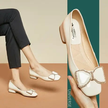 春款低跟单鞋女轻便舒适小皮鞋漆皮粗跟女鞋蝴蝶结浅口平底鞋商品大图