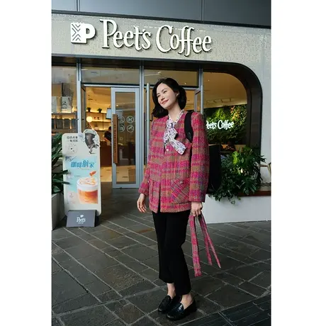 2023秋冬新款女装复古气质粗花呢小香风羊毛系腰带V领外套上衣女图片