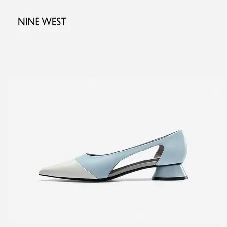 Nine West/玖熙低跟凉鞋女夏季新款法式圆鼓跟复古侧镂空女鞋撞色图片