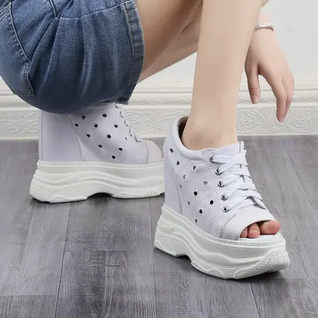 夏季内增高帆布鞋女14公分恨天高小个子镂空透气厚底鱼嘴高跟凉鞋图片