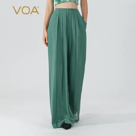 VOA碧绿色41姆米无界重磅桑蚕丝拼接乔其真丝自然腰百褶宽腿长裤图片