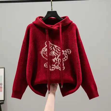 2023春季新款韩版宽松长袖虎年限定针织衫外套女连帽衫红色毛衣女图片