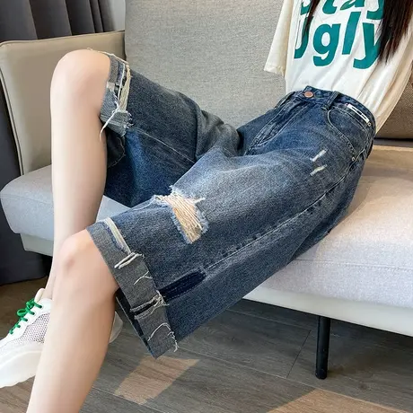 美式高街破洞五分牛仔裤女夏季薄款高腰显瘦设计感宽松阔腿中裤潮商品大图