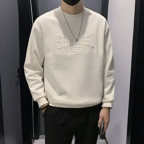 美式潮牌卫衣男秋冬季2023新款个性纯色字母印花上衣加绒打底T恤商品大图